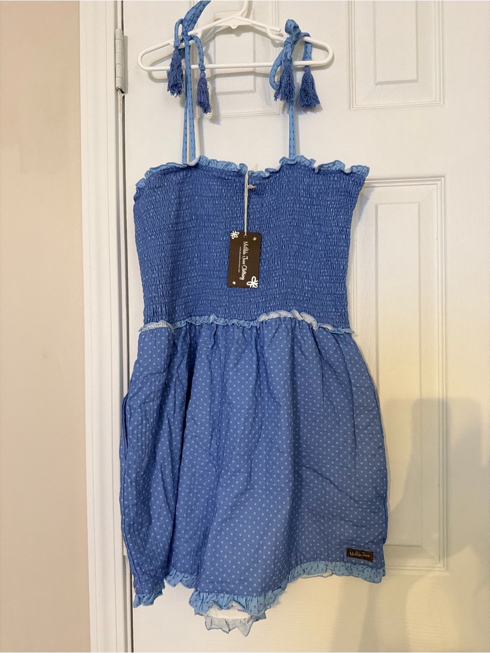 Matilda Jane Smocked Polka Dot Blue romper with Tie Straps